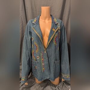Two Twenty Collection women's long sleeve one button denim embroidery jacket L